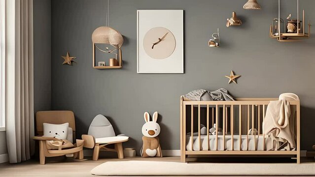 Modern nursery room with crib bed and toys