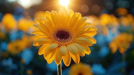   A close-up of a yellow flower amidst a sea of blue and yellow blooms, bathed in golden sunlight