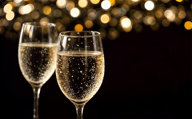 Elegant champagne glasses sparkling under festive lights, perfect for a celebration