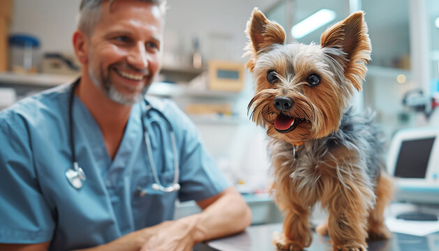 happy Yorkshire Terrier sits on a table at a veterinary clinic, looking at camera with cheerful expression and smiling veterinarian wearing white coat and stethoscope, exuding professionalism and care - Powered by Adobe