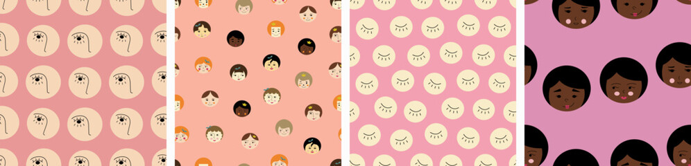 Collection of four repeating patterns, pretty girlish faces. Seamless design for stationery, branding, female appearance, universal continuous prints.