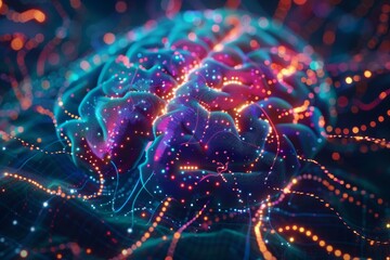 Human brain close-up showing colorful neural pathways being mapped and analyzed by AI technology 