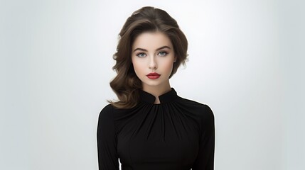 Obraz premium Elegant young woman with striking blue eyes and red lips, wearing a sleek black dress, exudes confidence against a soft, light background.