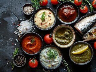 Arrangement of various gravies and sauces close-up with fish on table