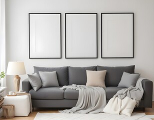 Frame mockup, ISO A paper size. Living room wall poster mockup. Modern interior design. Living room. Interior mockup with house background. 3D render