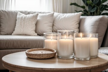 Cozy living room with a couch, coffee table, and candles on the coffee table.
