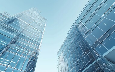 Modern glass buildings under a clear blue sky.