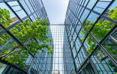 Modern glass office buildings flanked by green trees under a clear sky.