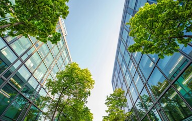 Modern glass office buildings flanked by green trees under a clear sky.