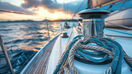 Close-Up of Winch Hoisting Ropes on Yacht with Sea View