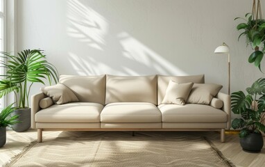 Modern minimalist living room with beige sofa, potted plants, and natural light.