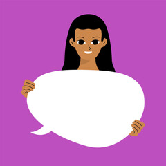 Pretty brunette swowing empty presentation. Young black woman holding blank placard, poster, paper. Simple flat style.