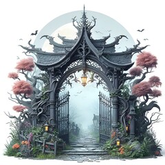 Obraz premium Gate with Trees and a Lantern on White Background