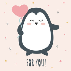Little penguin with balloon in shape of heart. Poster for children's room, greeting card. Cute character for nursery, children's clothes and T-shirts