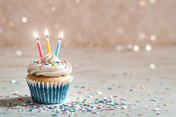 Whimsical birthday cupcake with sprinkles and colorful candles and bokeh background