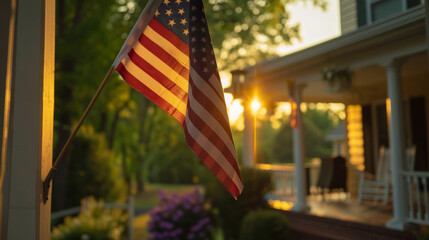 An American flag proudly hanging from the side of a house on Democracy Day against the backdrop of sunset