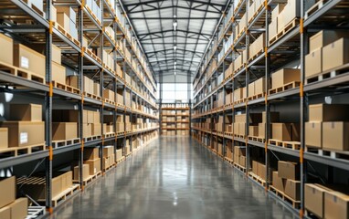 Modern warehouse interior with rows of shelves filled with boxes.