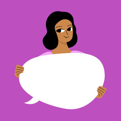 Pretty brunette swowing empty presentation. Young black woman holding blank placard, poster, paper. Simple flat style.