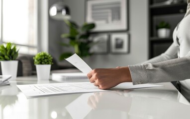 Person reviewing documents on a modern white desk.