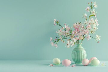 easter eggs and flowers in a vase - easter still life - easter card design background with solid light blue background and copy space - pastel colors