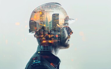 Profile of a man with a cityscape and construction imagery blended into his head.