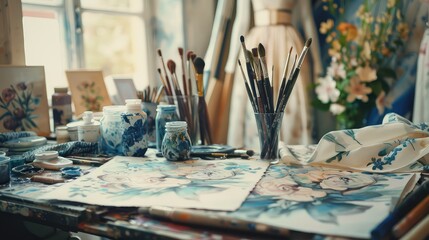 An artistic workplace with brushes and paints.