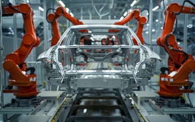 Robotic arms assembling car frames in a high-tech factory.