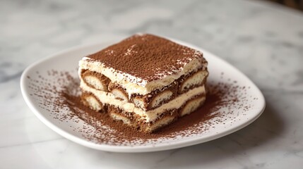 Tiramisu, traditional Italian dessert on a white plate . Generative Ai
