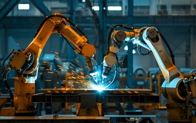 Robotic arms welding in a high-tech industrial facility.