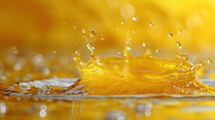   A yellow liquid splashes out of a yellow object, with water droplets on its surface in a close-up shot
