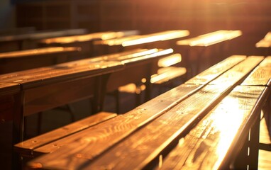 Rows of empty wooden classroom desks bathed in warm sunlight.
