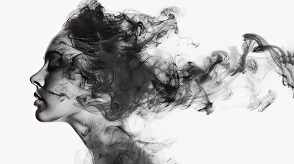   Black and white photo of a woman with smoke and blowing hair