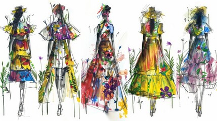 Naklejka premium Fashion models in evening gowns made of flowers.