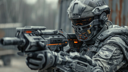 Fototapeta premium Futuristic Soldier with Modern Tech Weapons