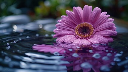   A pink flower atop water with droplets and a green plant in the backdrop - Powered by Adobe