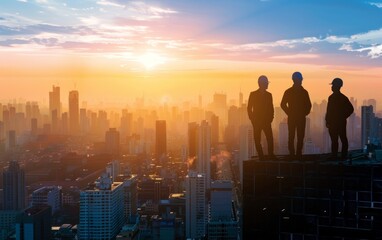 Silhouetted professionals overlooking a vibrant cityscape at sunset.