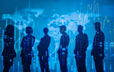 Silhouettes of business people with financial charts overlayed on blue backdrop.