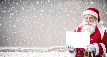 Santa Claus is standing in front of a snowy background holding a blank sign. He is wearing a red Santa suit with white trim and white gloves