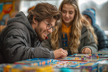 Fototapeta premium Volunteers playing board games and engaging in fun activities with shelter residents in a brightly lit recreation room.