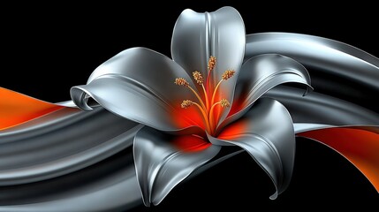   Closer view of a blossom against dark backdrop; white and orange petals highlight center