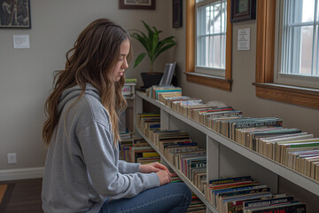 A volunteer setting up a cozy reading nook with donated books and magazines, providing a quiet space for residents to relax and escape into a good story.
