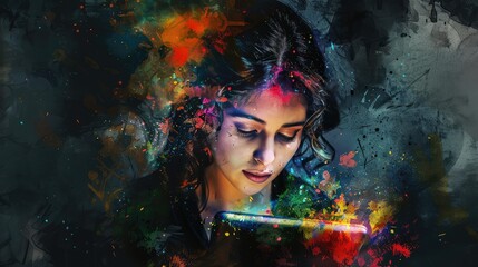 Thoughtful woman looking at colorful lights.