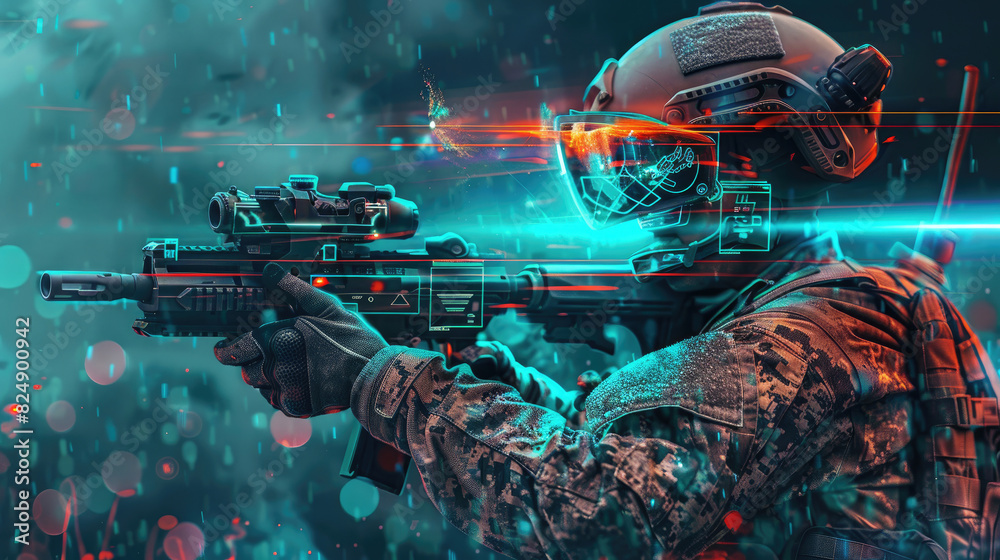Wall mural futuristic soldier with modern tech weapons - Wall murals