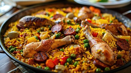 Traditional paella with chicken legs, sausage chorizo and vegetables served. Generative Ai