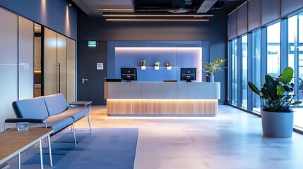 Efficient Elegance: The Modern Office Reception Space Where Innovation Meets Welcome. Sleek Design, Warm Ambiance, and Professionalism Define the Ultimate First Impression