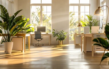 Sunlit modern office with plants and minimalist desks.