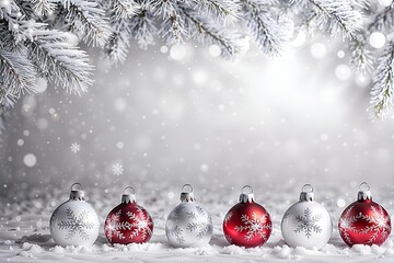 Christmas and new year holidays concept, 6 red and silver Christmas ornaments nestled in the snow