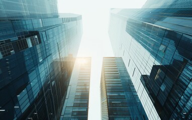 Sunlit modern skyscrapers with reflective glass facades under a clear sky.