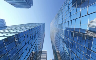 Sunlit skyscrapers with reflective glass facades against a clear sky.