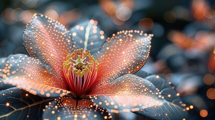   A flower on a plant with blurred lights in the background and foreground